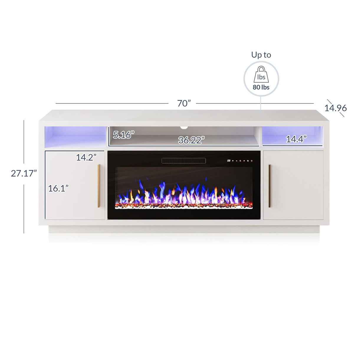 BELLEZE 70" Fireplace TV Stand for TVs Up to 75", LED Light Entertainment Center with 36" Electric Fireplace Heater, Storage Cabinet, Media Console Table for Living Room - Avenue (White) BELLEZE