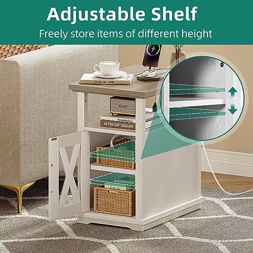 YITAHOME End Table with Charging Station, Narrow Side Table with Storage Adjustable Shelf, Farmhouse Nightstand with Door for Living Room, Bedroom, Grey Wash