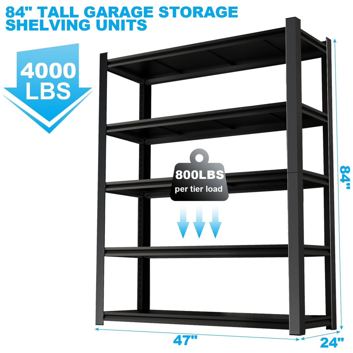 LUCYPAL Garage Shelving Heavy Duty,5-Tier Garage Shelves Storage Loads 4000LBS,Adjustable Metal Shelf Industrial Storage Rack for Basement Kitchen 84" H x 47" W x 24" D - WoodArtSupply