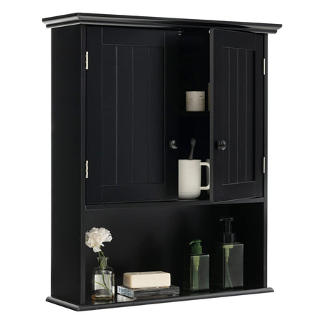 Tangkula Wall Mount Bathroom Cabinet Wooden Medicine Cabinet Storage Organizer with 2-Doors and 1-Shelf Cottage Collection Wall Cabinet (Black) Tangkula