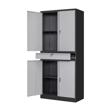 STANI Metal Garage Storage Cabinets with Drawer, 4 Doors Tool Storage Cabinet with 2 Adjustable Shelves, 71"-Lock Steel Locking Cabinet for Garage Utility Room Home Office (Black Grey, 0 Wheel-71 H) STANI