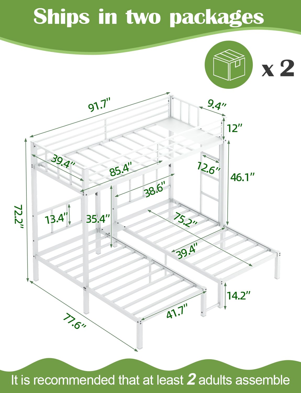 HKOLIE Twin Over Twin & Bunk Beds for 3, Triple Bunk Bed for 3 with Guardrails, Ladder & Upper-Bed Platform, for Children, Teens, Adults, No Box Spring Needed, White HKOLIE