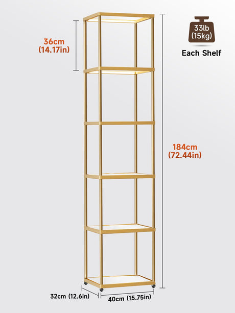 MANBUR Display Shelf with Dimmable LED Floor Lamp, Display Cabinet with Glass Bookcase, Home Decor, Bedroom Decor, Bookshelf with Light, Open Book Shelf with 6-Tier Shelf for Living Room Decor Gold MANBUR