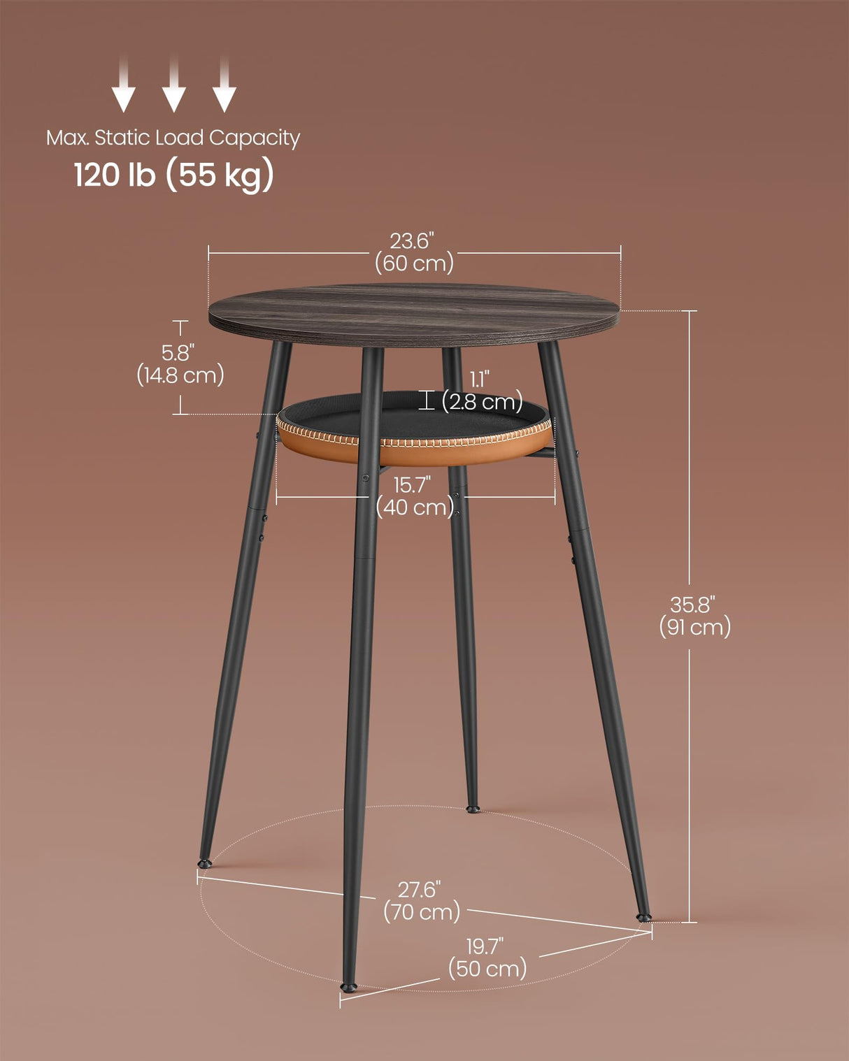 VASAGLE EKHO Collection - Bar Table with Storage, Round High Pub Table, Synthetic Leather with Stitching, Mid-Century Modern, Kitchen Home Bar, Living Room, Easy Assembly, Ash Brown and Caramel Brown VASAGLE