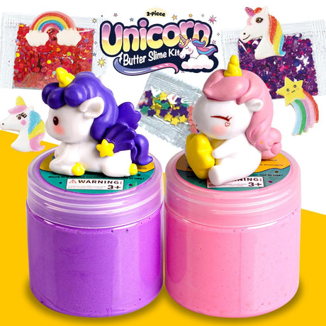 Waybla 2 Pack Butter Slime Kit for Kids with Glitter, Unicorn Figurines, Rainbow & Star Accessories – DIY Slime Toy Gift for Girls & Boys, Party Favors, Stocking Stuffers, Easter Basket Stuffers Waybla