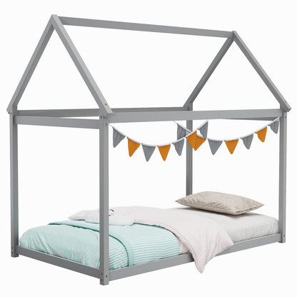 Giantex Twin House Bed Frame - Montessori-Inspired Wood Bed with Canopy Design for Kids and Teens in Grey