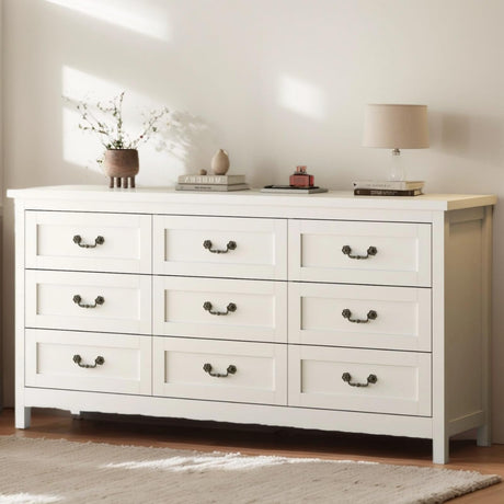 Gyfimoie Farmhouse 9 Drawer Dresser for Bedroom, 63" Wide Long Chest of Drawers with Deep Drawers & Vintage Handle, Storage Dresser Organizer, TV Stand for Bedroom, Living Room (White) Gyfimoie