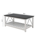 UYIHOME Farmhouse Coffee Table for Living Room, 2-Tier Rectangular Wooden Centre Cocktail Table with Slats Shelf Storage and V-Shaped Frame, Oak Blak UYIHOME