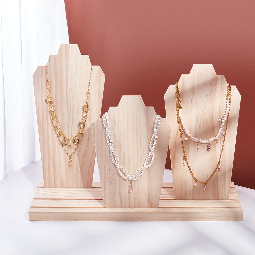 PH PandaHall Wood Necklace Display Stands with 3-Row Holder and 3 Removable Displays Wood Plank Necklace Storage Holder Bust Easel Jewelry Display for Necklaces, Rings Storage, Blanched Almond PH PandaHall