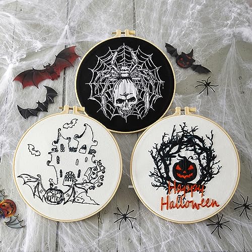 Armindou Halloween Embroidery Starter Kits for Beginners Adults, Stamped Cross Stitch Kit for Adult Beginner, Needlepoint Hand Embroidery Kit with Pattern, 3 Embroidery Hoop, 3 Set Embroidery Supplies