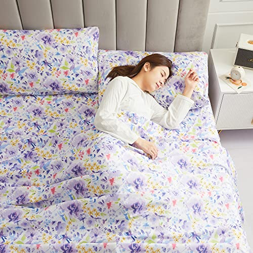 Mooreeke Floral Full Sheets, Soft Breathable Microfiber Vintage Printed Bed Sheet Set, Deep Pocket Non-Slip Fitted Sheet Included, Purple Flower Pattern Mooreeke