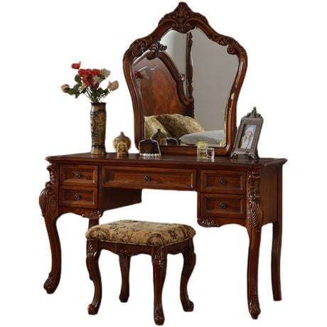 HEBEHO Mid Century Antique Makeup Vanity 39in, European Vintage Brown Makeup Table with 5 Drawers and Mirror, Fabric Upholstered Stool, Bedroom Dressing Table for Women Girls, 100x48x78cm HEBEHO