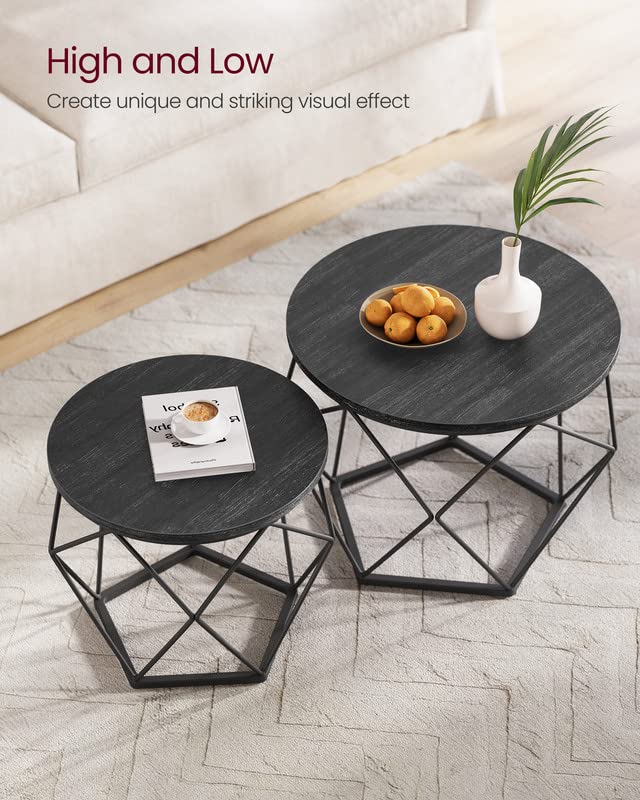 VASAGLE Small Coffee Table Set of 2, Round Coffee Table with Steel Frame, Side End Table for Living Room, Bedroom, Office, Charcoal Gray and Ink Black VASAGLE