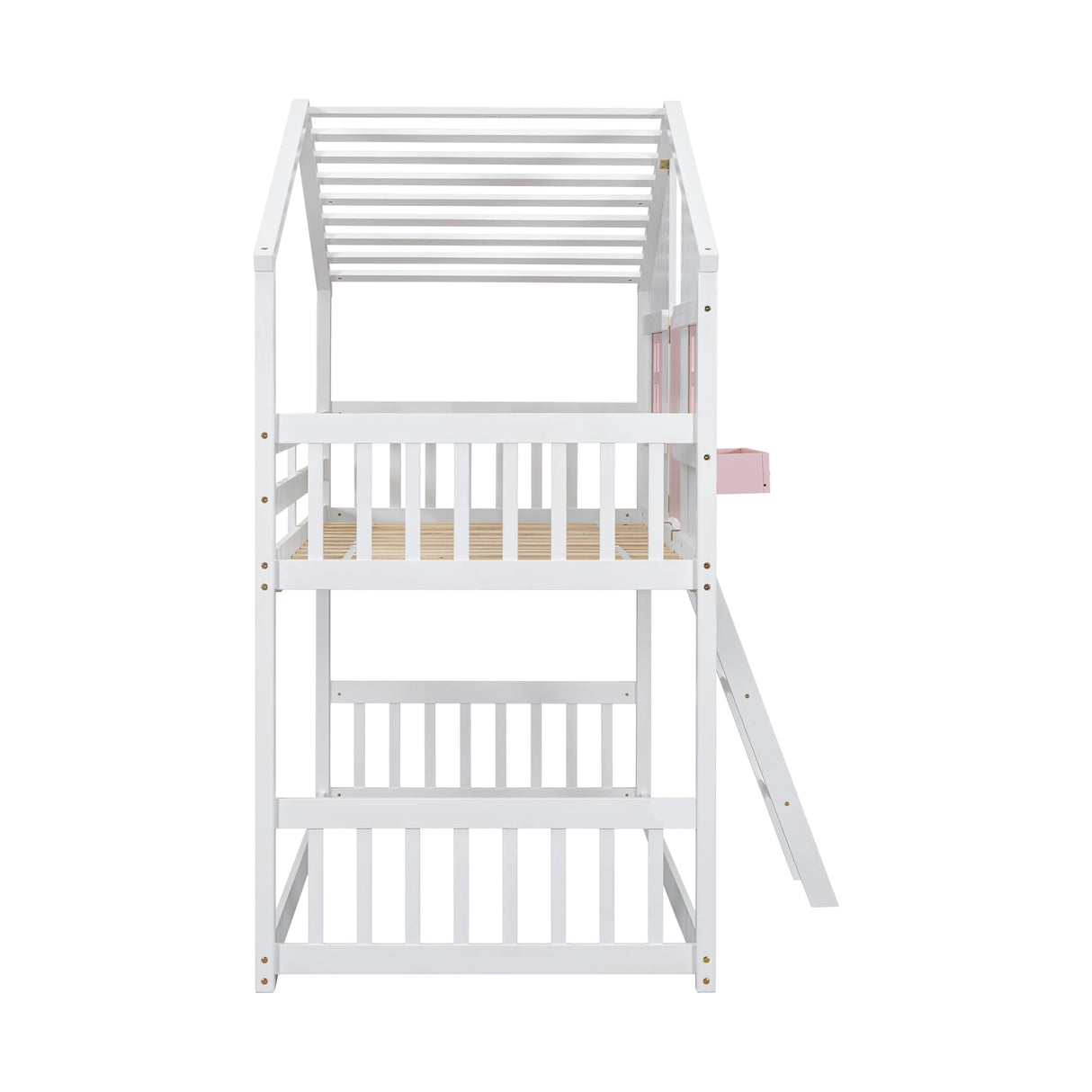 Bellemave Twin Over Twin House Bunk Bed, Wood Bunk Beds with Roof, Windows, Window Box and Small Door, Floor Bunk Beds with Ladder and Guard Rails for Kids (Pink+White) Bellemave