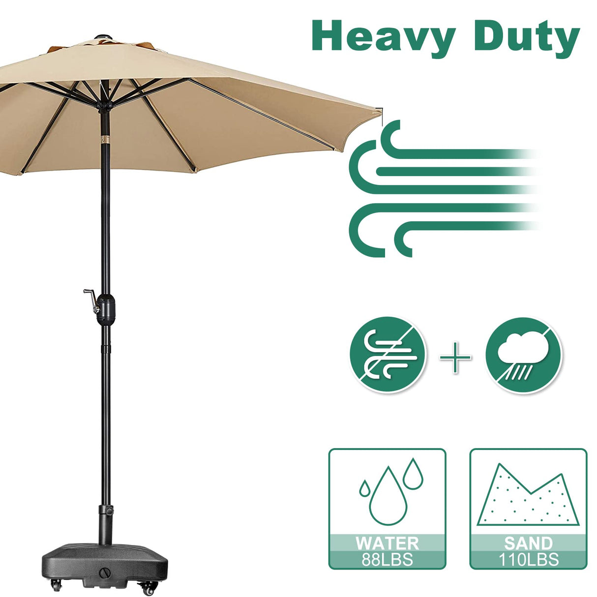 RAOKUKH DZ4733 MS Patio Umbrella Base Heavy Duty with Wheels Square Market Stand for Outdoor 4 Locks 1 Knobs 125lb Capacity, Black RAOKUKH