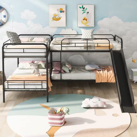 DNChuan Quad Bunk Beds,Metal L-Shaped with Slide and Ladder,Twin Size Bunk Beds for 4 - Black DNChuan