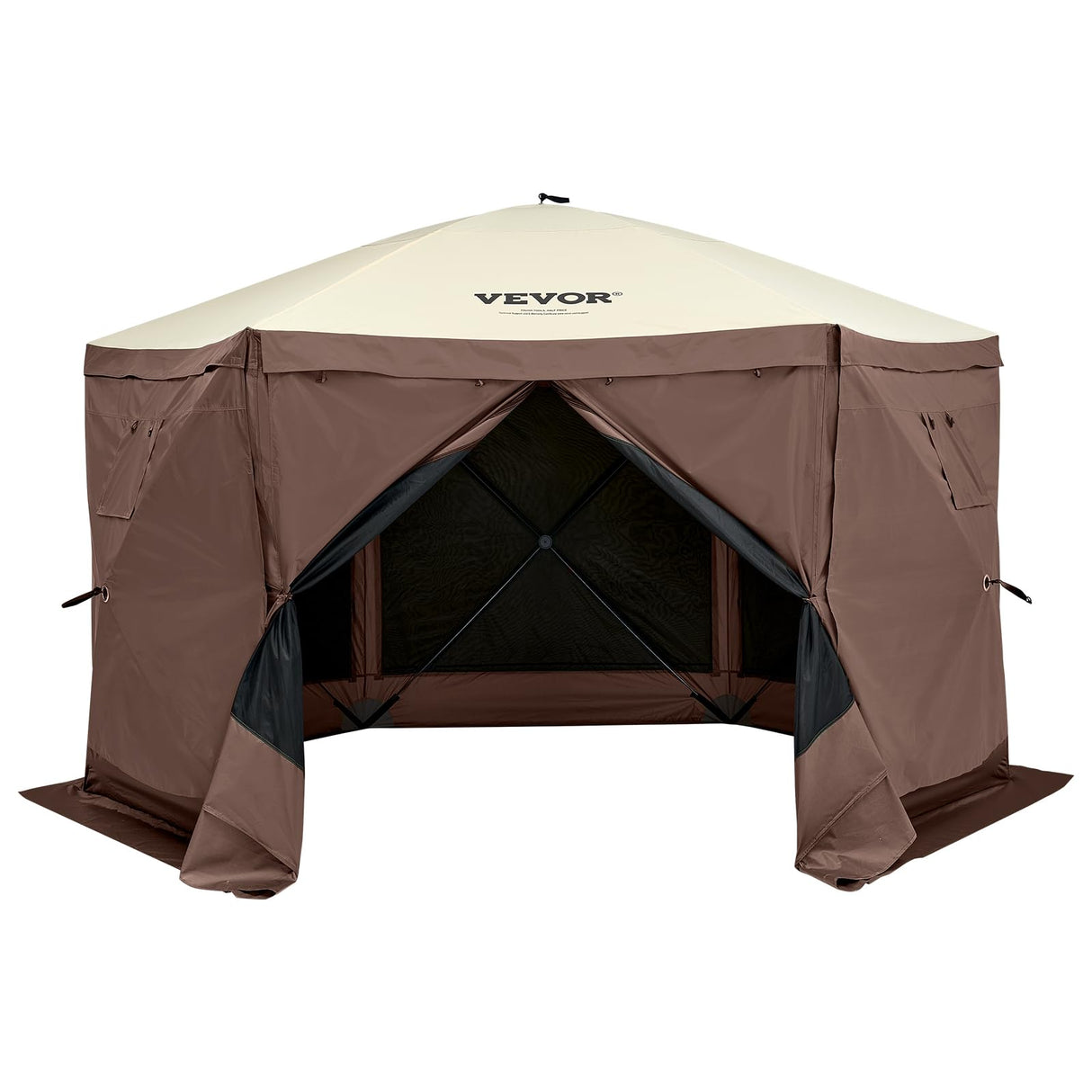 VEVOR Pop Up Gazebo Screen Tent 6 Sided Canopy Sun Shelter with 6 Removable Privacy Wind Cloths & Mesh Windows, 11.5x11.5FT Quick Set Screen Tent with Mosquito Netting, Brown VEVOR