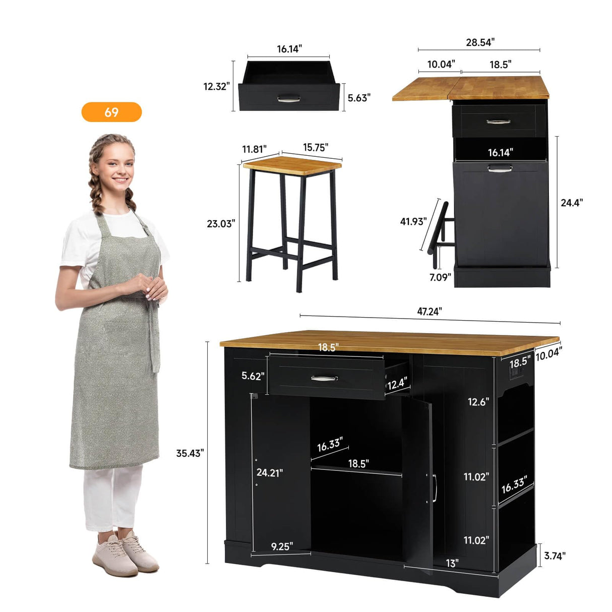 ONBRILL Stationary Kitchen Islands Include 2 Chairs, 47" Kitchen Island with Drop Leaf, Home Bar Table with Spice Rack & with Trash Cabinet, Island Table for Dining Room with Power Outlet, Black ONBRILL