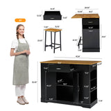 ONBRILL Stationary Kitchen Islands Include 2 Chairs, 47" Kitchen Island with Drop Leaf, Home Bar Table with Spice Rack & with Trash Cabinet, Island Table for Dining Room with Power Outlet, Black ONBRILL
