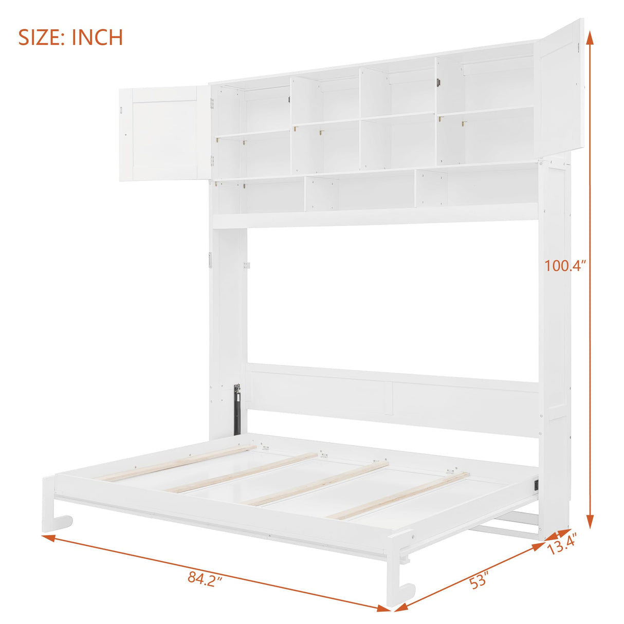 Queen Horizontal Murphy Bed with Storage Shelves,Wood Folding Hideaway Murphy Wall Bed with Storage Bookcase for Adults (B White) MERITLINE