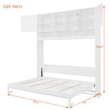 Merax Queen Size Murphy Bed with Ample Storage Shelves, Horizontal Murphy Wall Bed with Diamond Stripes, No Box Spring Needed, White Merax