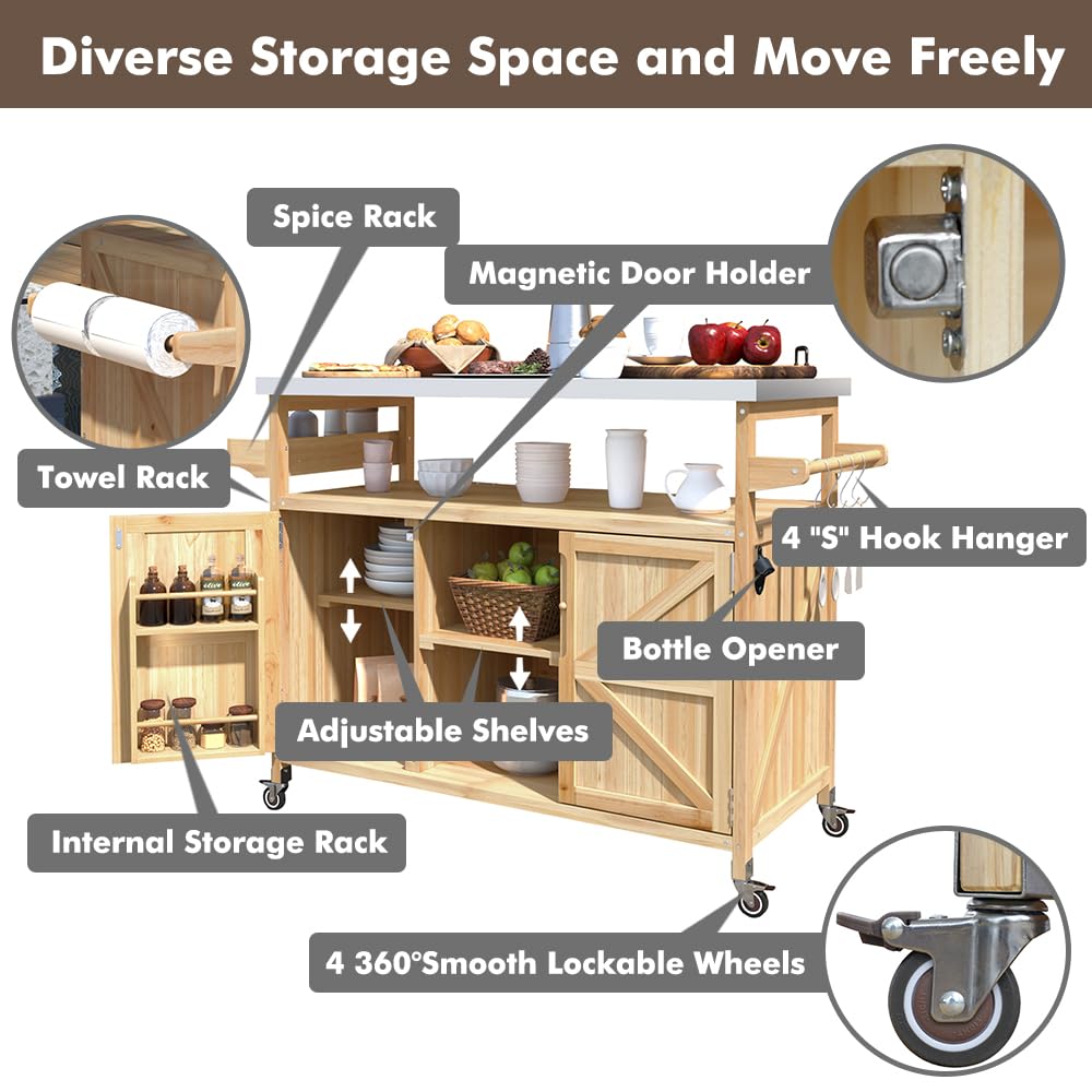 Bennbari Outdoor Kitchen Island, Rolling Kitchen Island with Storage, Farmhouse Solid Wood Kitchen Cart on Wheels, Outdoor Grill Table with Stainless Steel Top, 50 Inch Width (Natural)
