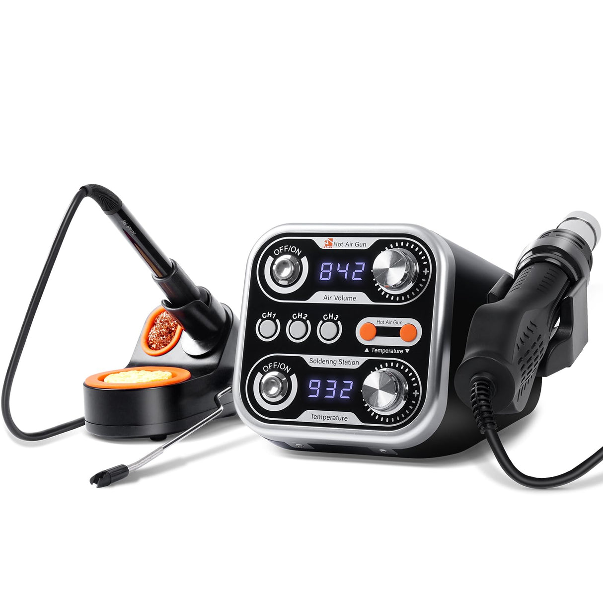 M-T 2 IN 1 Soldering Iron & Hot Air Rework Station 760W High Power With 3 Sets Stored Temperature and Smart Safe Sleep Mode SMD Estacion de Calor,°F/°C Conver Digital,Temp Correction Dual LED Screen M-T