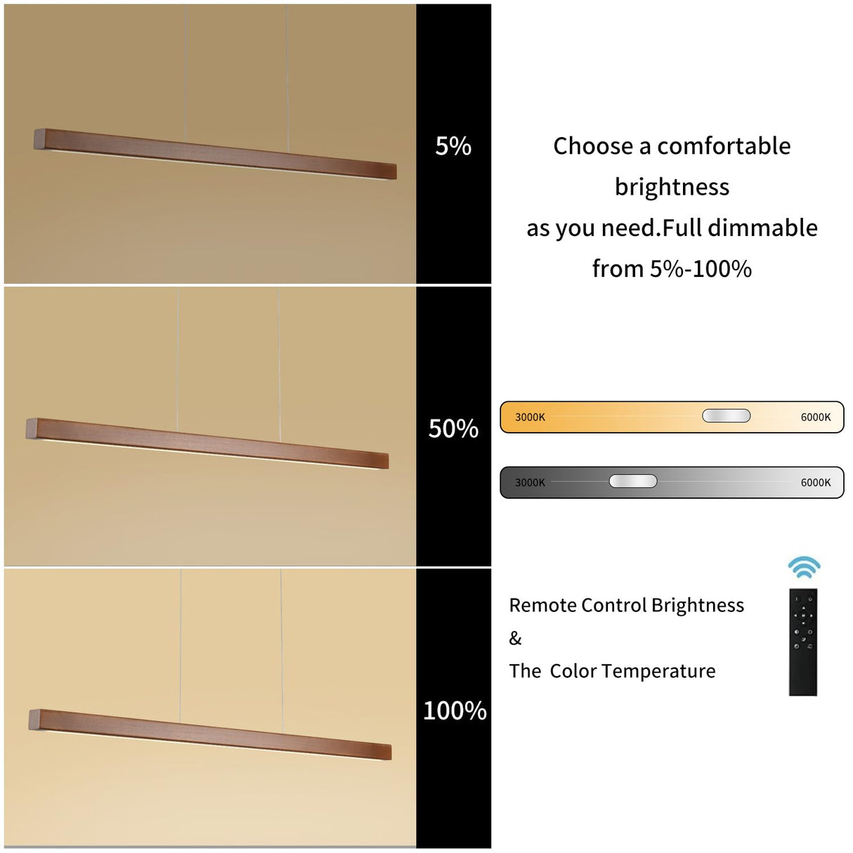 YISDESIGN 39" Wood Linear Pendant Light Modern LED Dimmable Ceiling Hanging Light Fixture Wood Linear Chandeliers 24w for Dining Room Kitchen Island Pool Table Bar Walnut Color (with Remote Control) YISDESIGN