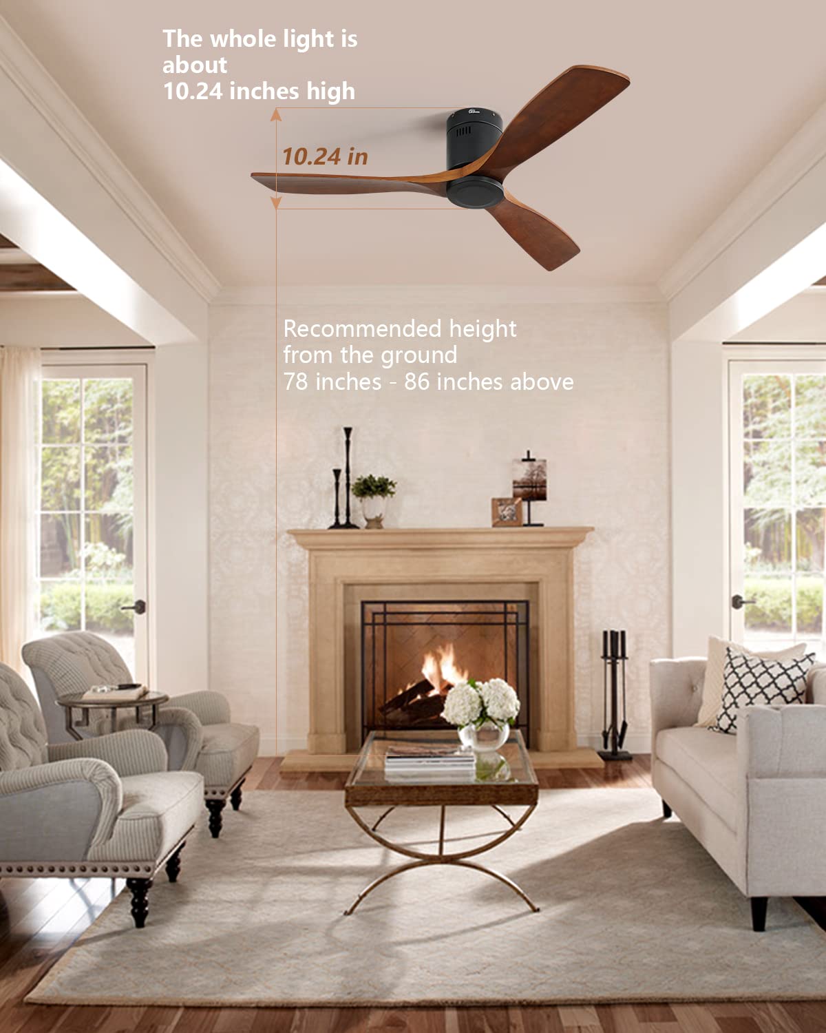 Sofucor Flush Mount Ceiling Fan Low Profile Ceiling Fan with Remote Control 52 Inch Outdoor Ceiling Fan 3 Reversible Walnut Wood Blades Noiseless DC Motor 6 Speed with Timer Sofucor