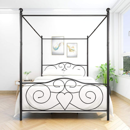 SYING88 Metal Canopy Bed Frame with Ornate European Style Headboard & Footboard Four-Poster Canopied Platform Bed/Sturdy Steel H/Under-Bed Storage Space/No Box Spring Needed/Easy Assembly/Black