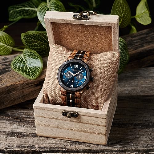 BOBO BIRD Men's Wooden Watch Sport Fashion Wristwatch Casual Chronograph Quartz Watches Men's Wood Stainless Steel Strap Watch with Date Display (Blue) BOBO BIRD