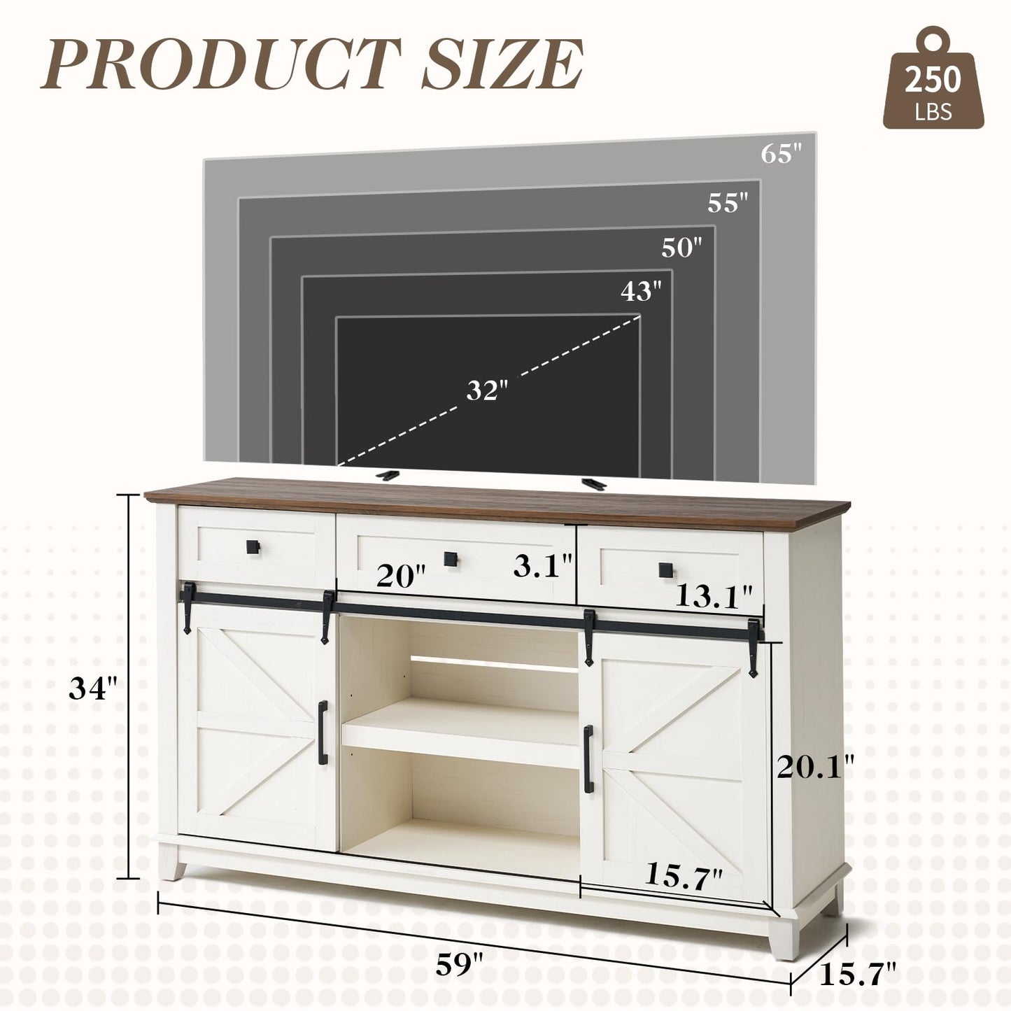 LUXOAK Farmhouse TV Stand with Sliding Barn Door & Drawer, 59" Rustic Entertainment Center for TVs up to 65", Buffet Storage Cabinet for Living Room, Bedroom, Dinning Room, White+Barnwood - WoodArtSupply