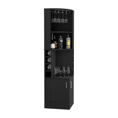 Cairo Corner Bar Cabinet with Glass Rack, Multiple Shelves, and 8 Wine Cubbies, Black