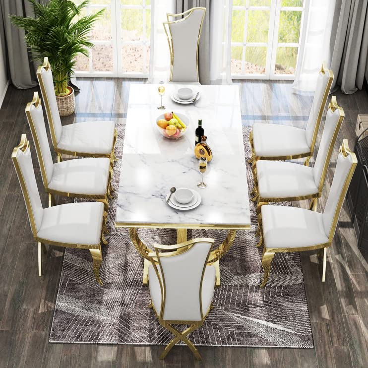 Henf 78.7" Luxury Marble Dining Table for 6-8 People White Gold Genuine Marble Kitchen Table with Mirrored Finish Stainless Steel Base, Contemporary Modern Large Long Dining Room Table (Table - WoodArtSupply