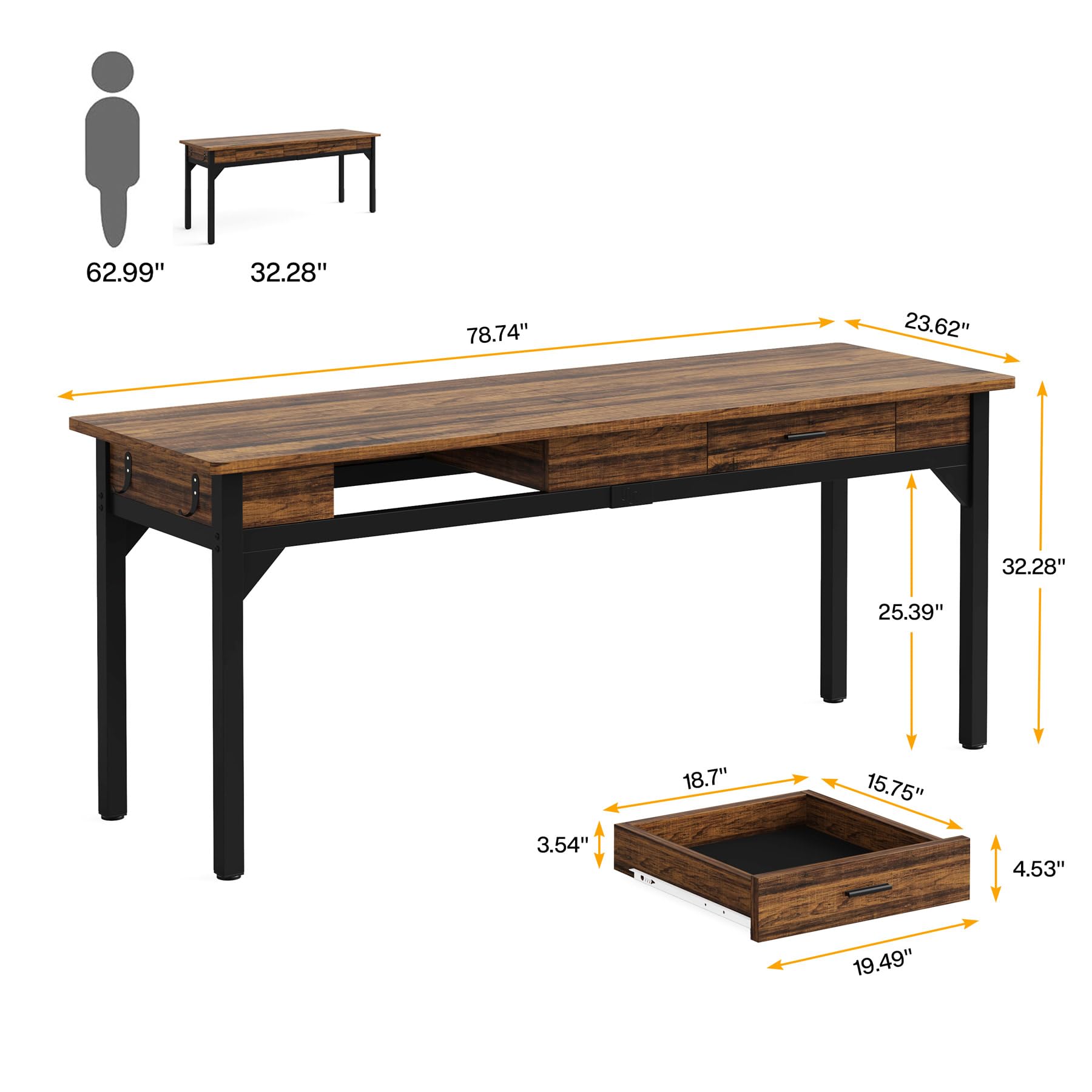 LITTLE TREE Two Person Desk, 78.7" Extra Long Computer Desk with 2 Drawers, Double Desk with 4 Iron Hooks, Large Executive Office Desk, Writing Table Study Desk for Home Office, Rustic Brown - WoodArtSupply