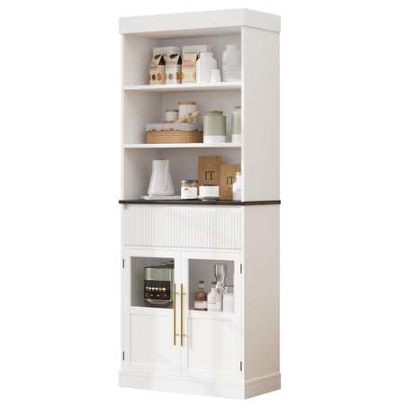 GarveeHome 70" Kitchen Pantry Cabinet, Tall Storage Cabinets with Drawer & 2 Glass Doors and 3 Shelves, Floor Cabinet for Kitchen, Office, Living Room, Dining Room, Bathroom (White) GarveeHome