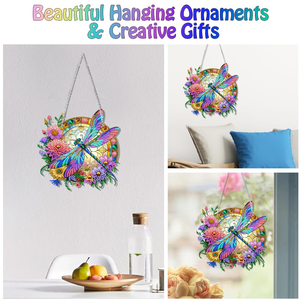 Koikify Diamond Painting Kits Hanging Pendant, Flower & Dragonfly Crystal Diamond Art Hanging Sign, Double-Sided Pattern Craft Ornament for Home Decoration and Gift Koikify