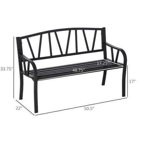 Outsunny 50" Outdoor Bench, Metal Garden Bench with V-Shaped Pattern Backrest, Porch Bench with Slatted Seat for Park, Yard, Lawn, Black Outsunny