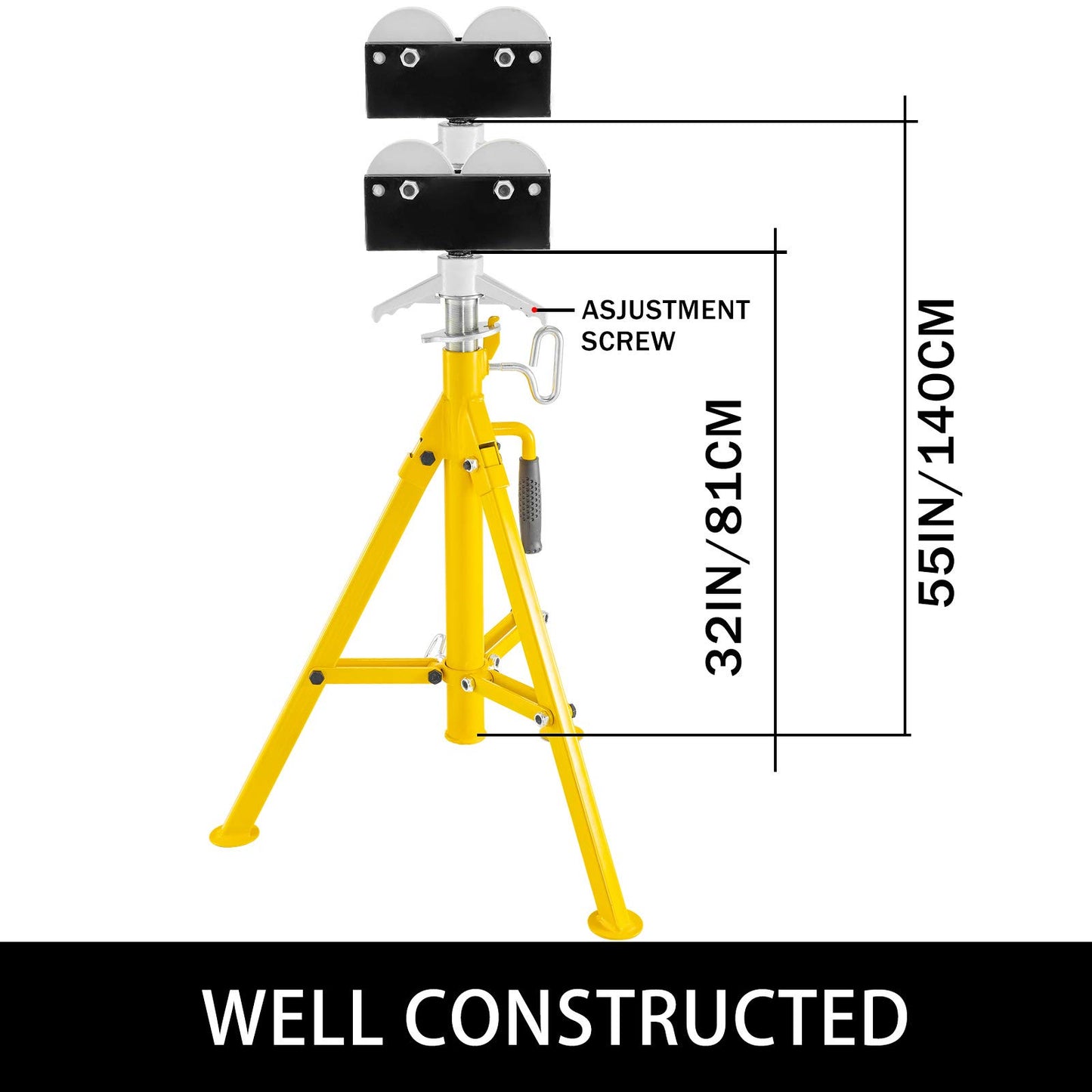 VEVOR 0.5-12 inch Adjustable Height 32"-55" 2500Lb Capacity Portable High Pipe Stand with Roller Head Fold A Trailer Jacks, Yellow - WoodArtSupply