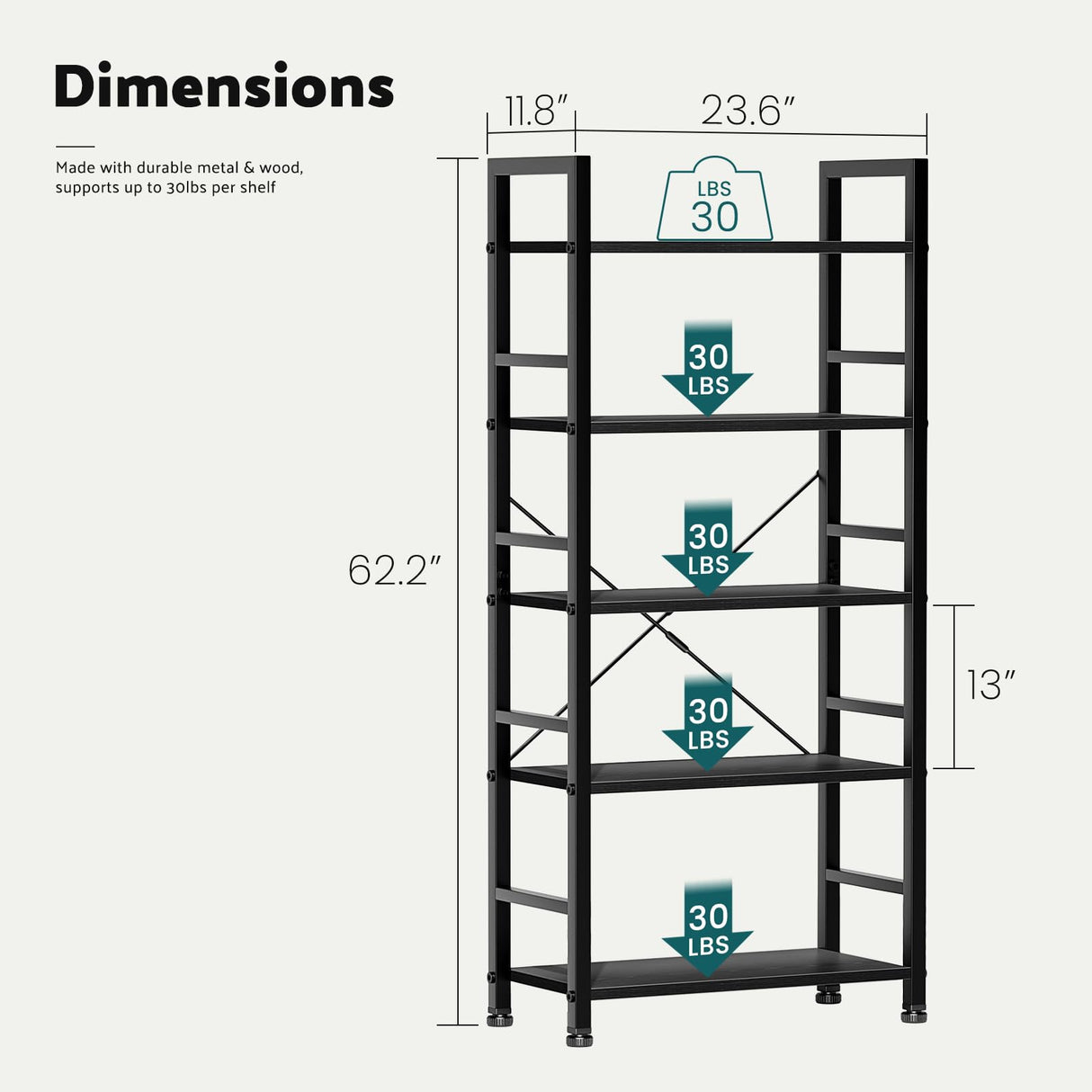 SMUG Book Shelf, 5 Tier Bookshelves Tall Modern Bookcase Shelf Organizer Storage Shelving Unit for Bedroom Living Room and Home Office Black SMUG
