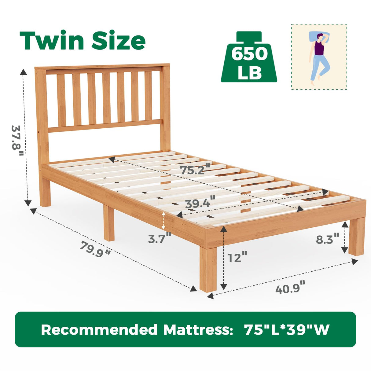 DELAVIN Twin Bed Frame with Headboard, Malaysian Oak Wood Platform Bed Frame, Farmhouse Bed Frame with 12 Wooden Slats Support, No Box Spring Needed, Easy Assembly, Twin, Rustic Pine DELAVIN