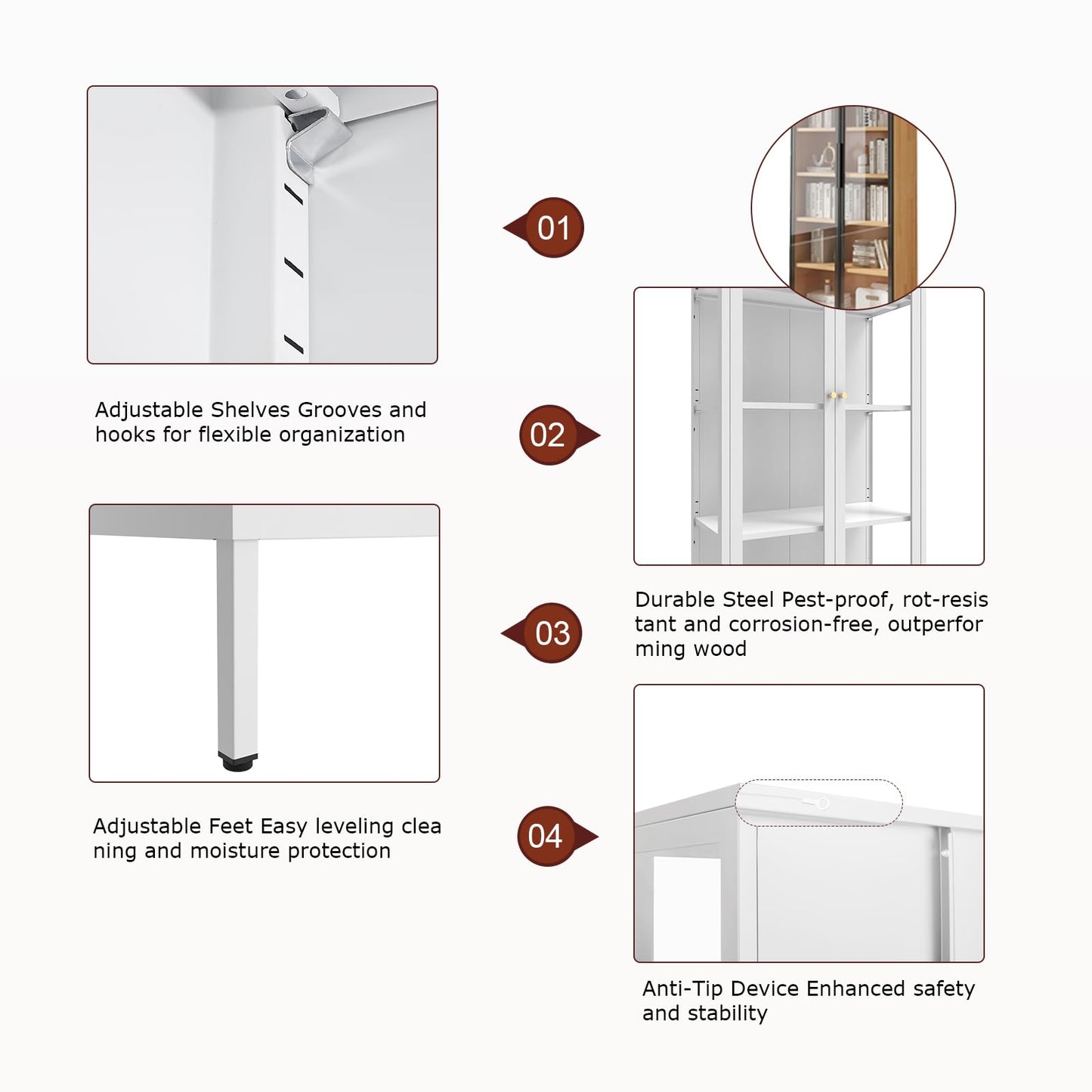 Kubohogar Display Cabinet with Glass Doors, 66" Curio Cabinet with 3 Ajustable Shelves, 4 Tier Display Case for Collectibles, Bookcase with Doors for Office Living Room