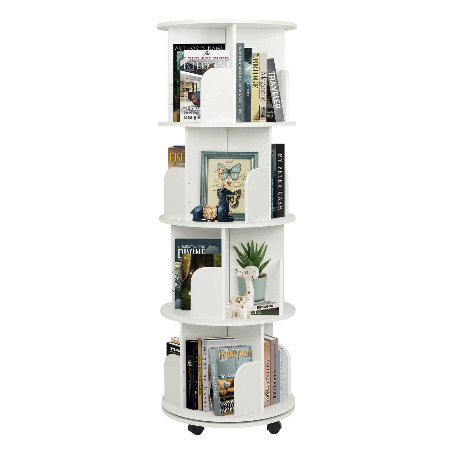 Usego 4-Tier White Rotating Bookshelf with Wheels – 360° Floor-Standing Storage Organizer for Home and Office - WoodArtSupply