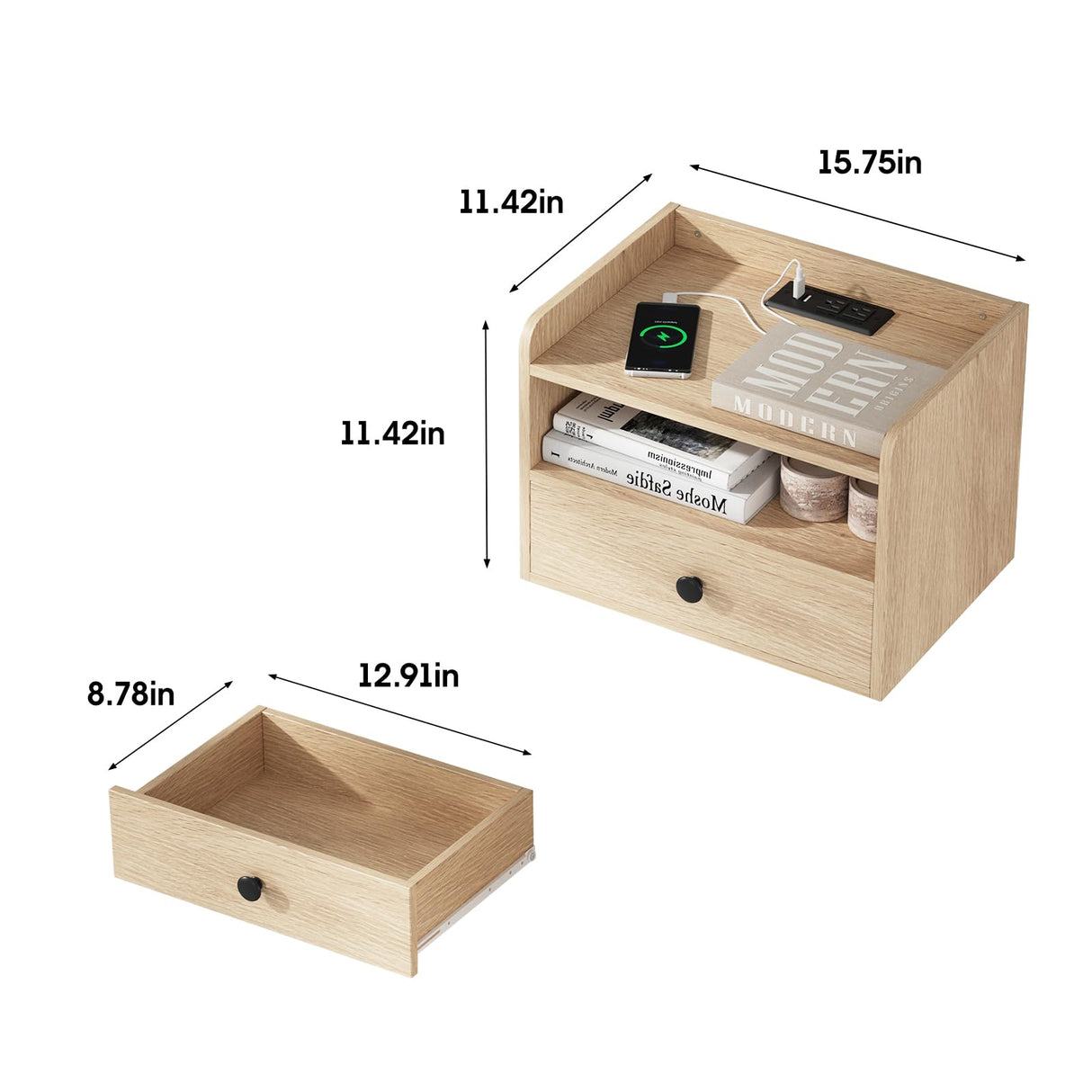 Natural Floating Nightstand Set of 2 with Charging Station and Storage Drawer Wall Mounted Bedside End Table Wood Modern Night Stand for Bedroom Nightstands Set 2 Natural HOSEOKA
