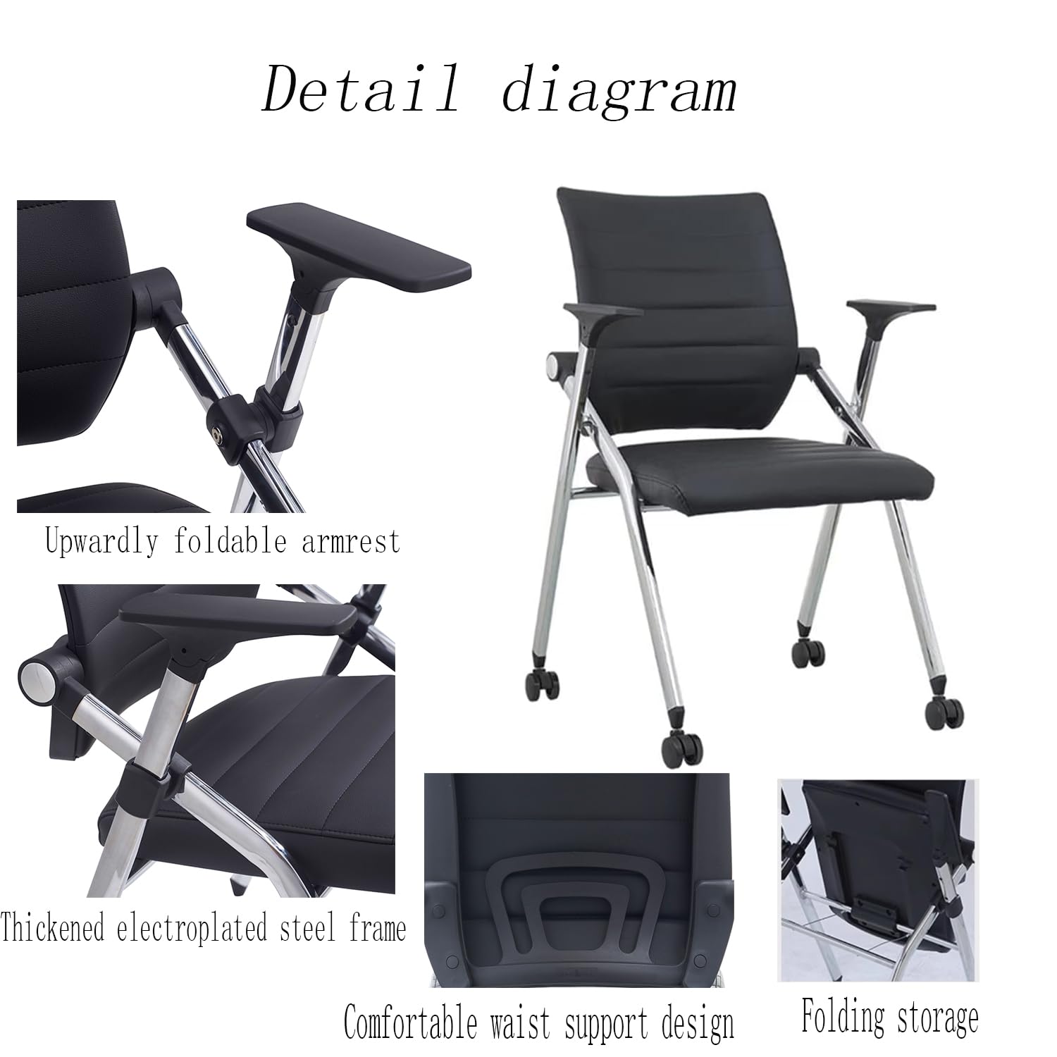 Buokaiw Foldable Office Chair,Folding Office Chair with Wheels, Leather Conference Training Chairs,Portable Padded Office Chairs. Backrest Bouncy,for Home Office Conference Gaming.Black(1 Pcs - WoodArtSupply