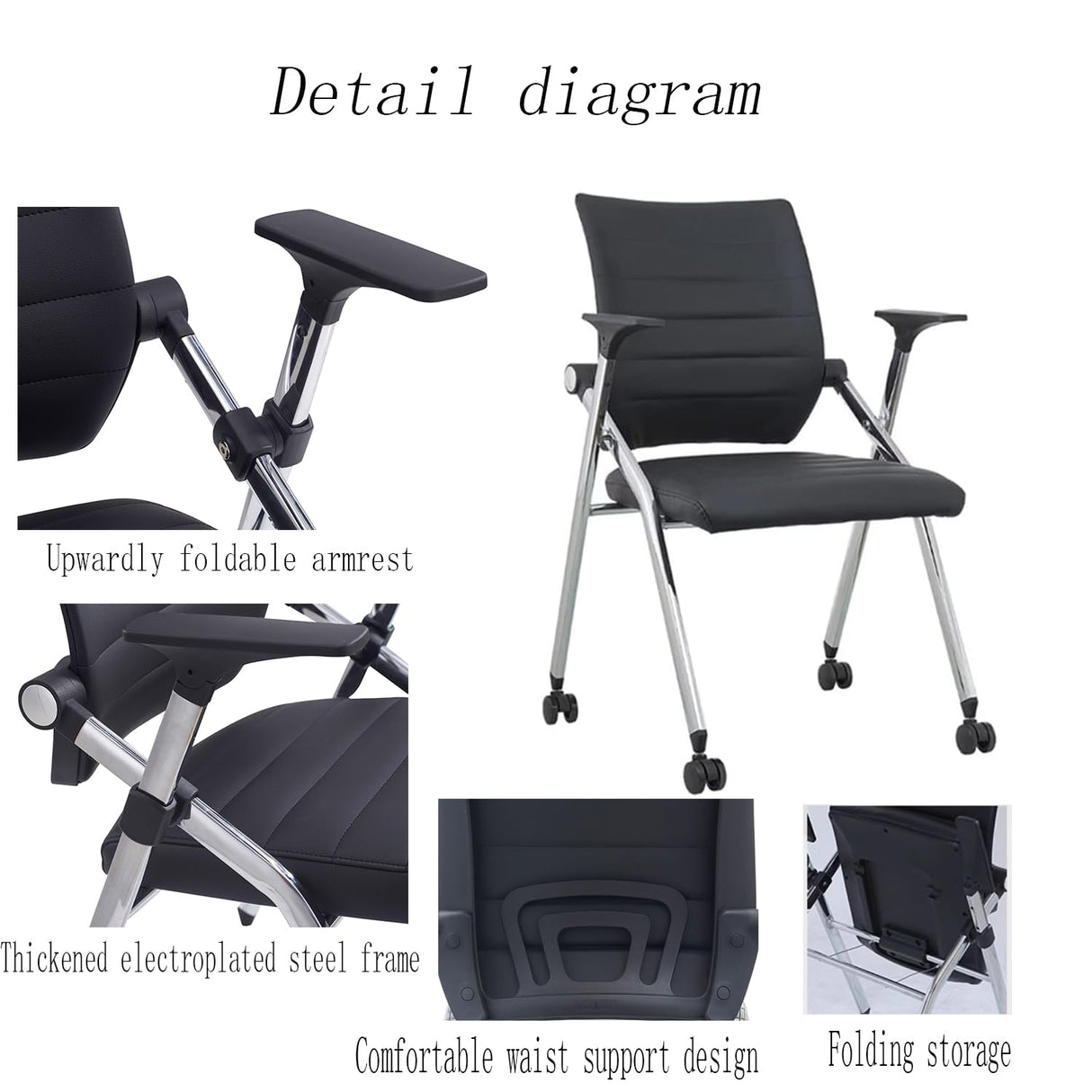 Buokaiw Foldable Office Chair,Folding Desk Chair with Wheels, 360 ° Rotation Leather Conference Training Chairs,Portable Padded Office Chairs. Backrest Bouncy,Black(1 Pcs) Buokaiw
