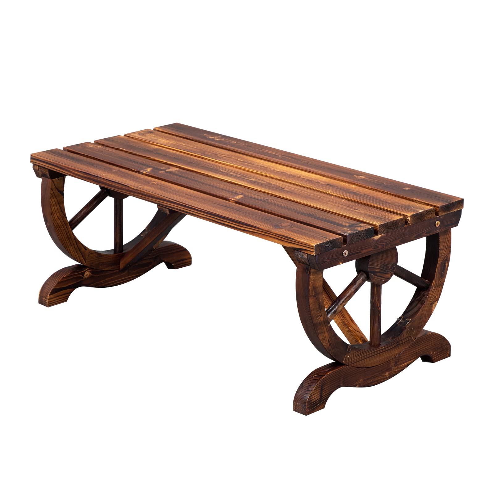 Outvita Rustic Wagon Wheel Wooden Garden Bench for Outdoor Seating, Carbonized Finish – Seats 2 in Brown - WoodArtSupply