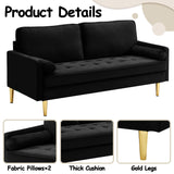 Thctvous 65" Loveseat Sofa with 2 Pillows, Comfy Love Seat Cuches with Gold Legs,Velvet Small Couchs for Living Room Bedroom Office Apartment,Mid Century Modern Couch (Black) Thctvous