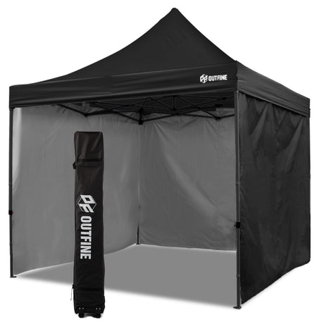 OUTFINE Heavy Duty Canopy 10x10 Pop Up Commercial Canopy Tent with 3 Side Walls Instant Shade, Bonus Upgrade Roller Bag, 4 Weight Bags, Stakes and Ropes (Black, 10 * 10FT) OUTFINE