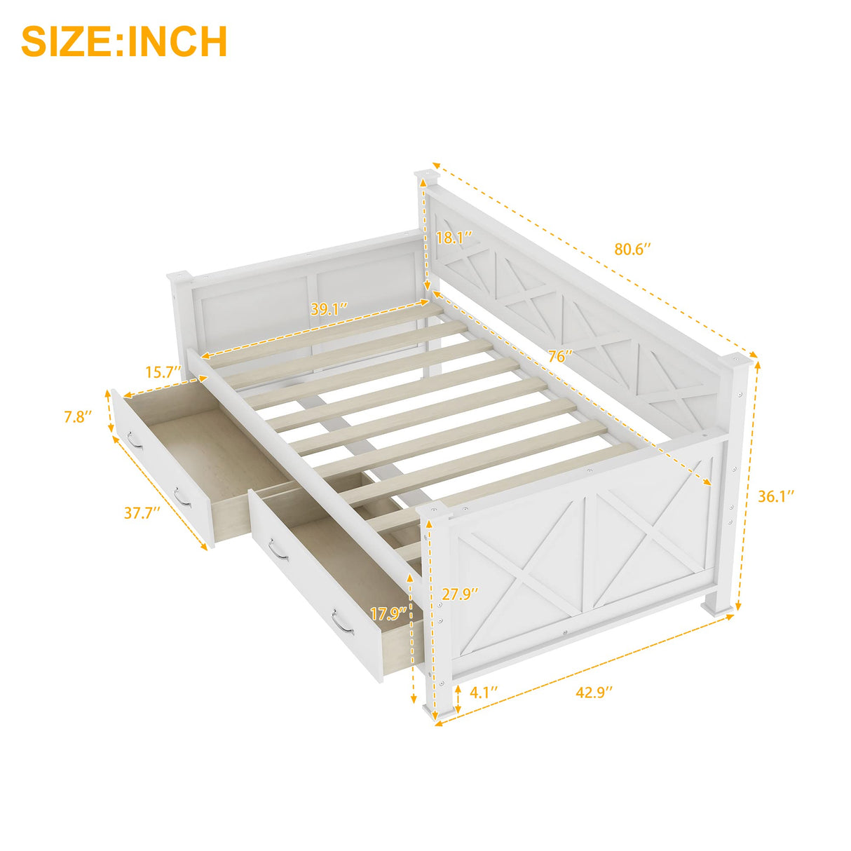 Twin Size Farmhouse Wood Daybed with 2 Storage Drawers, X-Shaped Sturdy Modern and Rustic Casual Style Corner Bed Day Bed Frame with Drawers for Bedroom, No Box Spring Required (Cream White+Twin) THINK 30